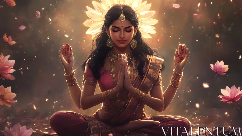 Lotus-lit goddess breathes quiet fire into twilight silence