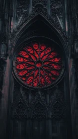 Gothic cathedral façade with crimson rose window emphasis.