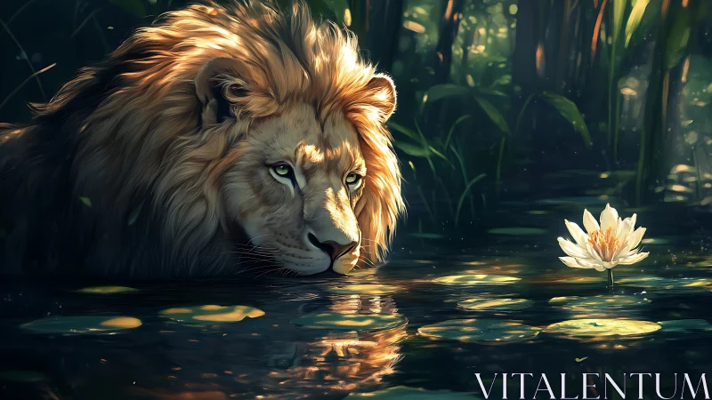 Gentle lion rests by a glowing lily pond in quiet peace.