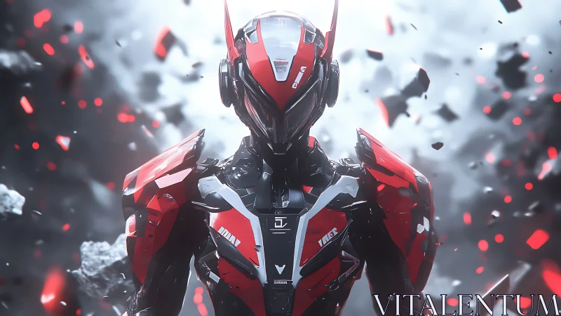 Scarlet combat exosuit amid floating shrapnel storm.