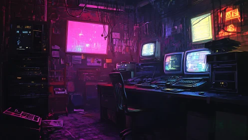 Cyberpunk hacker workstation fills dark neon-lit control room