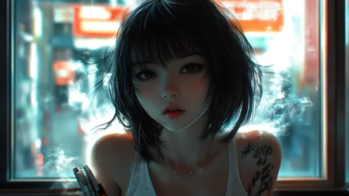 Tattooed girl framed by neon window light and rising smoke.