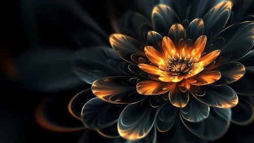 Luminous fractal flower with glowing amber petals on black