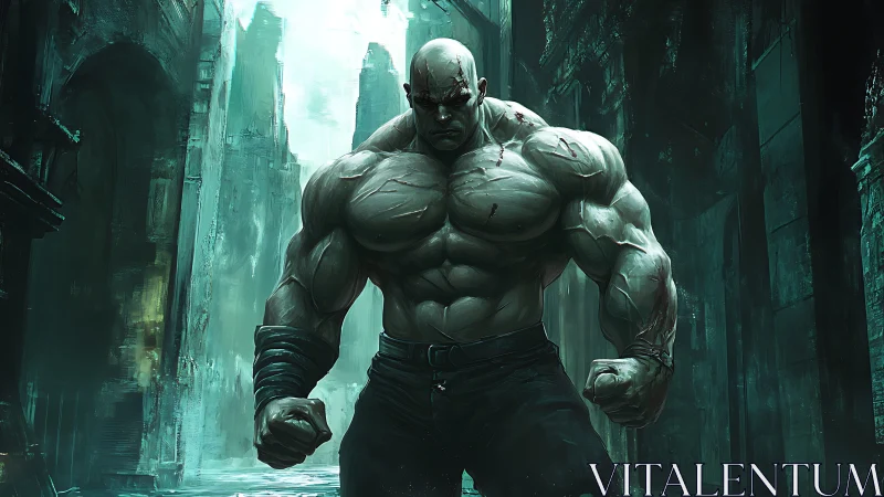 Muscular bald figure in ruined urban corridor at night.