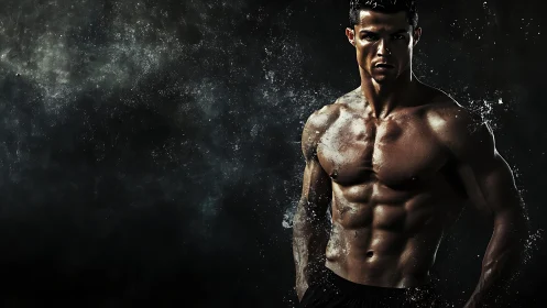 Muscular shirtless man in dramatic dark fitness portrait.
