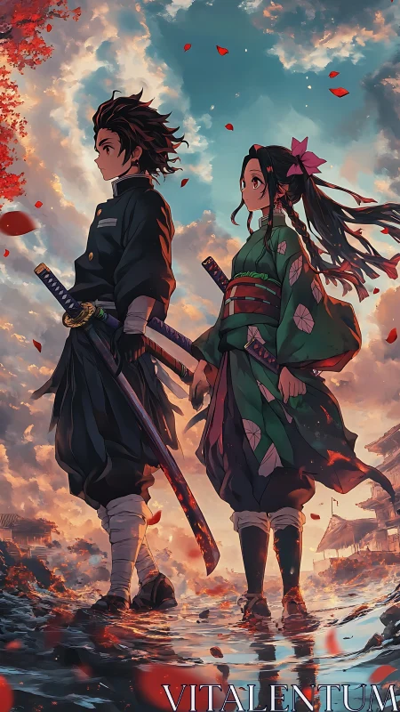 Twin swordbearers at dusk amid drifting scarlet leaves.