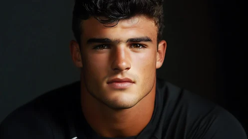 Confident young man gazes forward in moody studio light