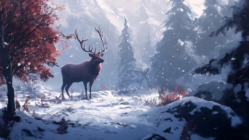 Red stag standing in snowy conifer forest clearing.