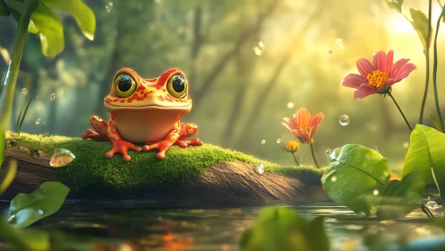 Vivid tree frog on mossy log in glowing forest light.