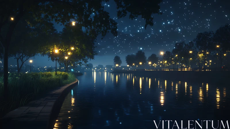 Riverside promenade at night with lamppost reflections and stars