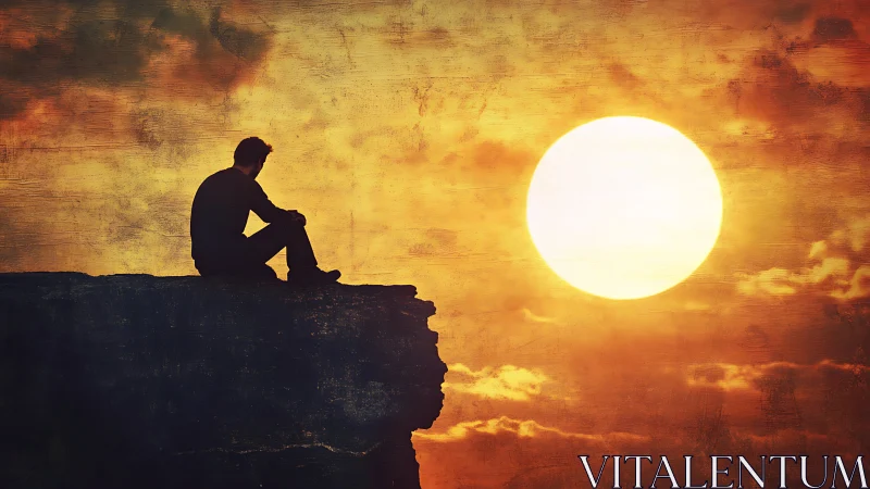 Solitary figure on cliff gazes toward a blazing sunset sky.