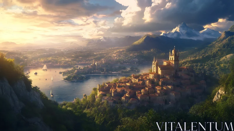 Sunlit coastal city with cathedral below distant mountains