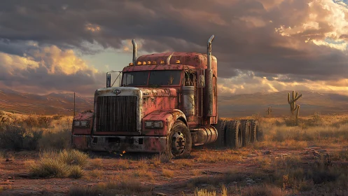 Weathered red semi truck resting under a glowing desert sky.