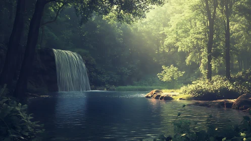 Forest waterfall and pool with sunlit canopy.
