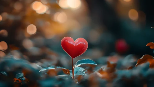 Red heart-shaped flower against blurred warm background.