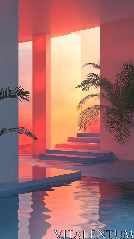 Sunlit poolside steps in minimal tropical architecture.