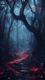 Enchanted red path winds through a misty midnight forest