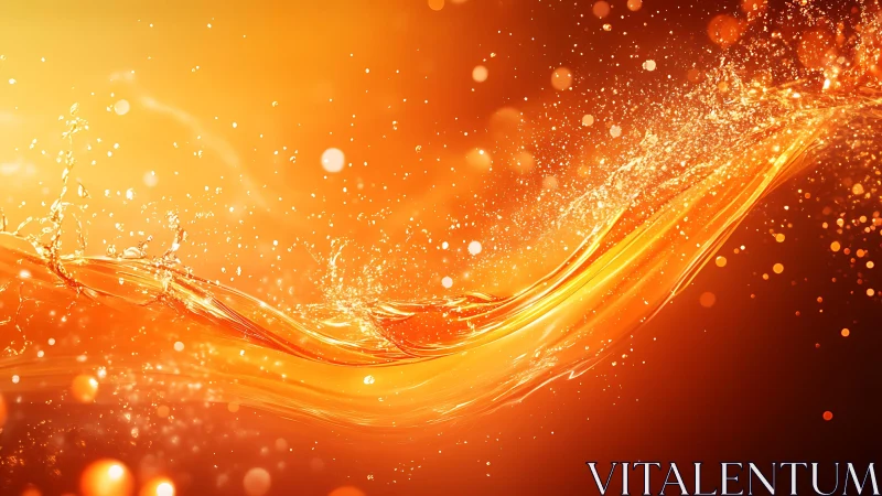 Vivid orange abstract wave with glowing liquid and sparkles.