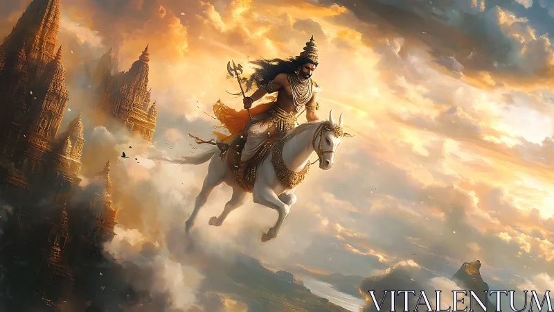 Warrior deity on white horse amid golden sky temples.