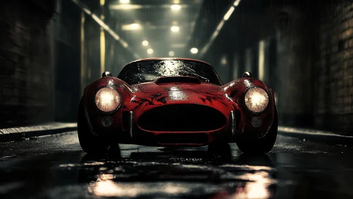 Scarlet sports car under cinematic rain-soaked alley lights.