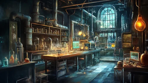 Retro-futuristic chemistry lab with industrial computers aglow