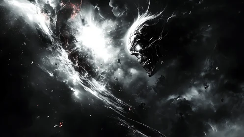 Cosmic wraith skull devouring exploding starfield storm.