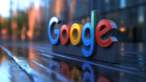 Sleek 3D Google logo glowing on wet reflective pavement.