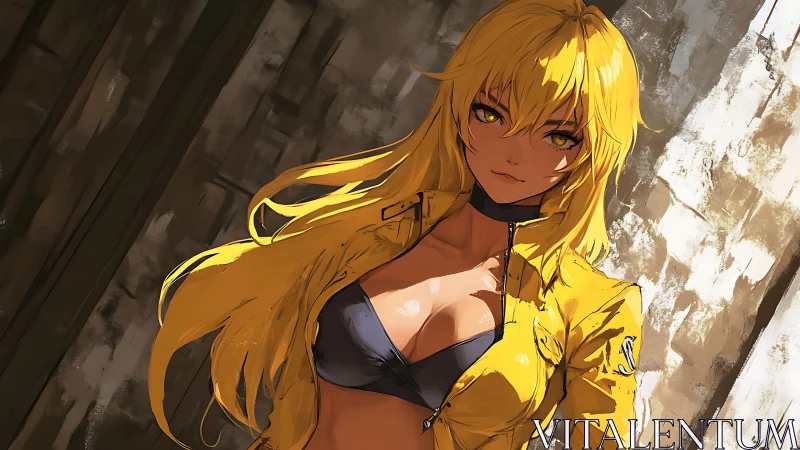 Golden-haired fighter in yellow jacket under gritty light.