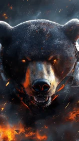 Armored infernal bear portrait with blazing embers and smoke.