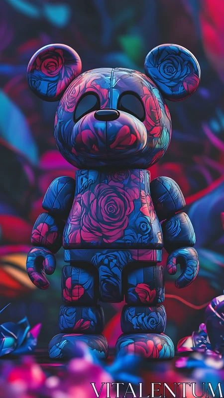 Floral-patterned bear toy in neon blue and magenta glow.