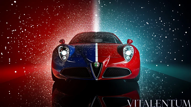 Sleek sports car splits red and blue light in dynamic motion