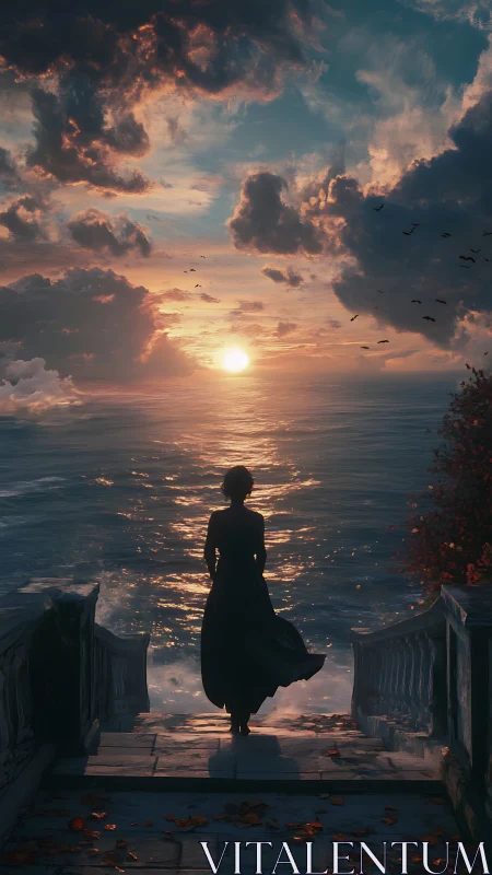 Solitary figure descends marble steps toward a radiant sea sunset