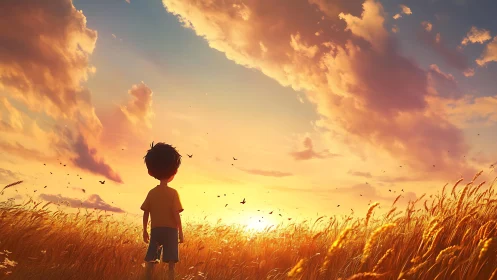 Digital painting of child in golden wheat field at sunset sky.