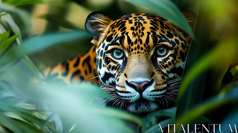 Gentle jungle stare from a hidden, wide eyed jaguar friend.