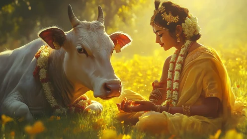 Young woman in traditional attire sits beside garlanded cow