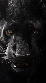 High-contrast black panther portrait displaying amber ocular luminescence and feathering texture