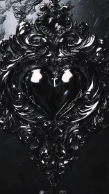 Ornamental Heart Rendered in Glossy Black Baroque Relief Sculpture