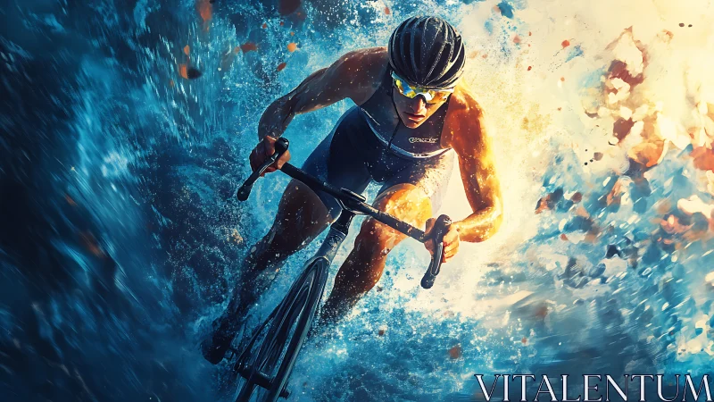 Dynamic cyclist rendered with high contrast motion blur and splashes