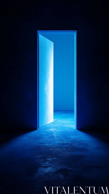 Luminous blue doorway opening into a stark minimal interior.