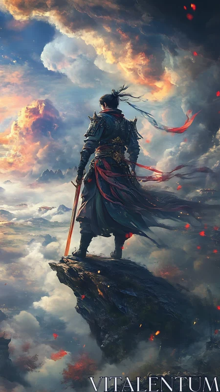 Armored figure stands on cliff edge above illuminated valley