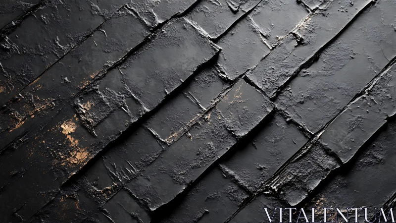 Layered black slate texture with rugged metallic accents.