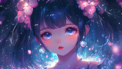 Luminescent anime portrait with bokeh-rich cosmic lighting effects