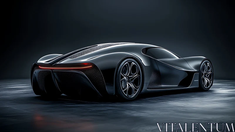 Rear three quarter view of black futuristic sports coupe.