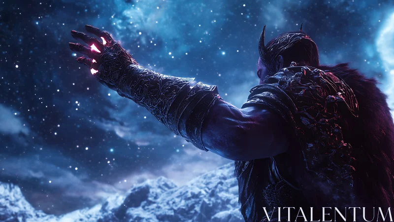 Armored horned warlord raises glowing hand in starscape