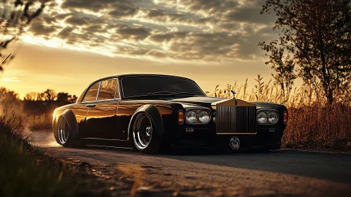 Low-slung luxury cruiser prowls a molten sunset road.
