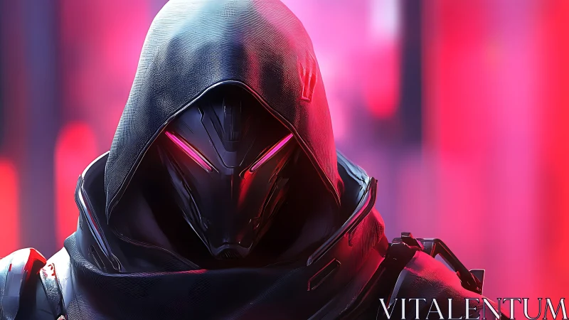 Hooded cyber assassin under neon pink and violet glow.