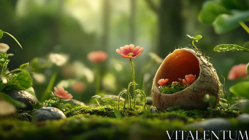 Miniature forest bloom cradled inside cracked seed shell.