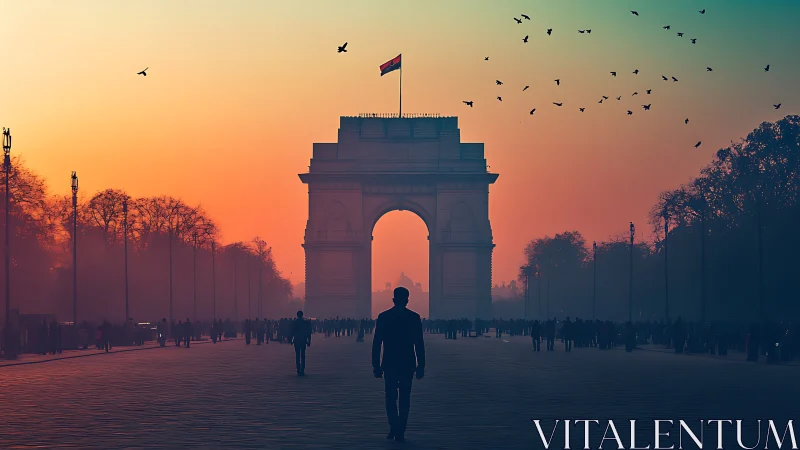 Backlit war memorial arch with silhouetted pedestrian vectors.