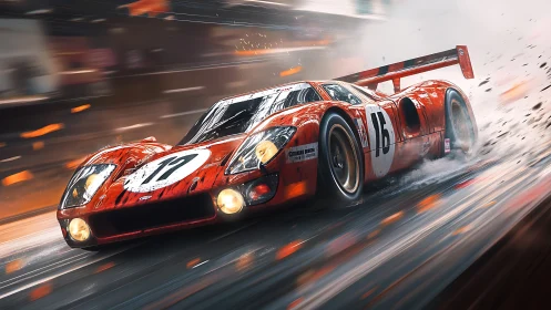 Vintage red race car blasting through wet night track.