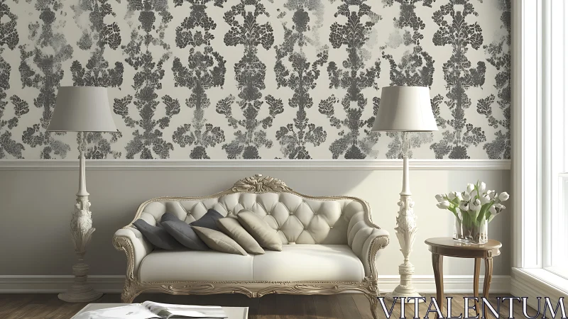 Ornate cream sofa in gray floral wallpapered lounge.